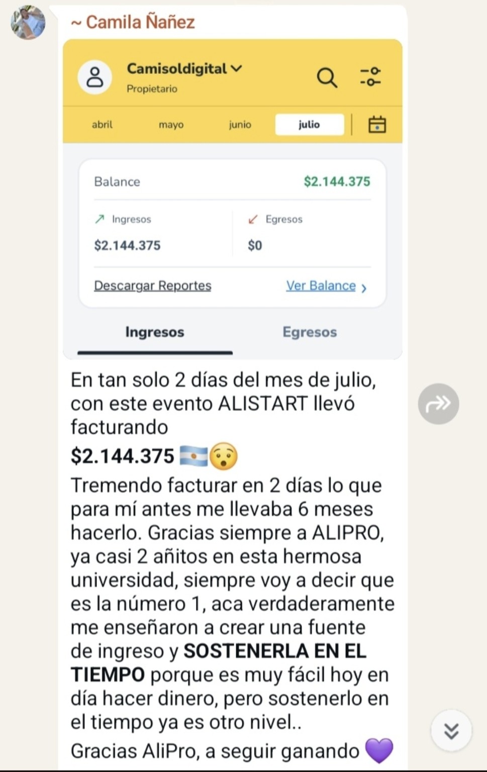 Resultado compartido por Camila Ñañez en la comunidad ALIPRO